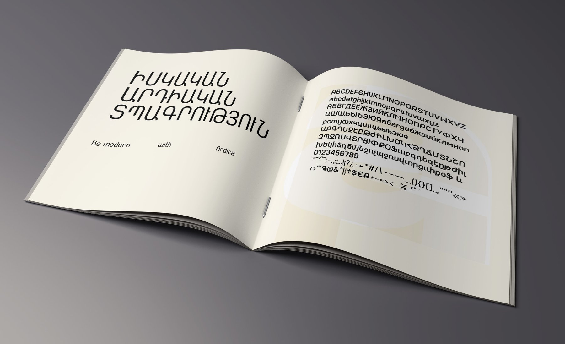 Specimen book spread — Armenian display headline reading 'Be modern with Ardica' beside the full Latin, Cyrillic and Armenian glyph set.