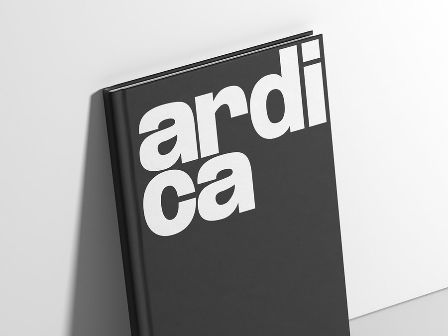 The Ardica wordmark, set in bold lowercase letterforms on a black hardcover book.
