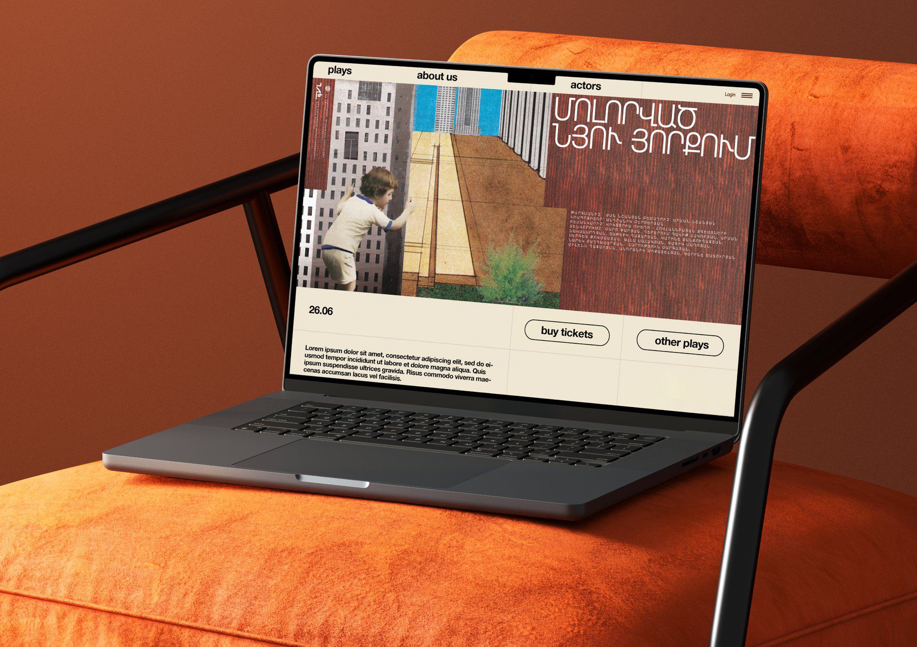The 'Lost in New York' poster art applied to the theatre's own ticketing website, shown on a laptop.
