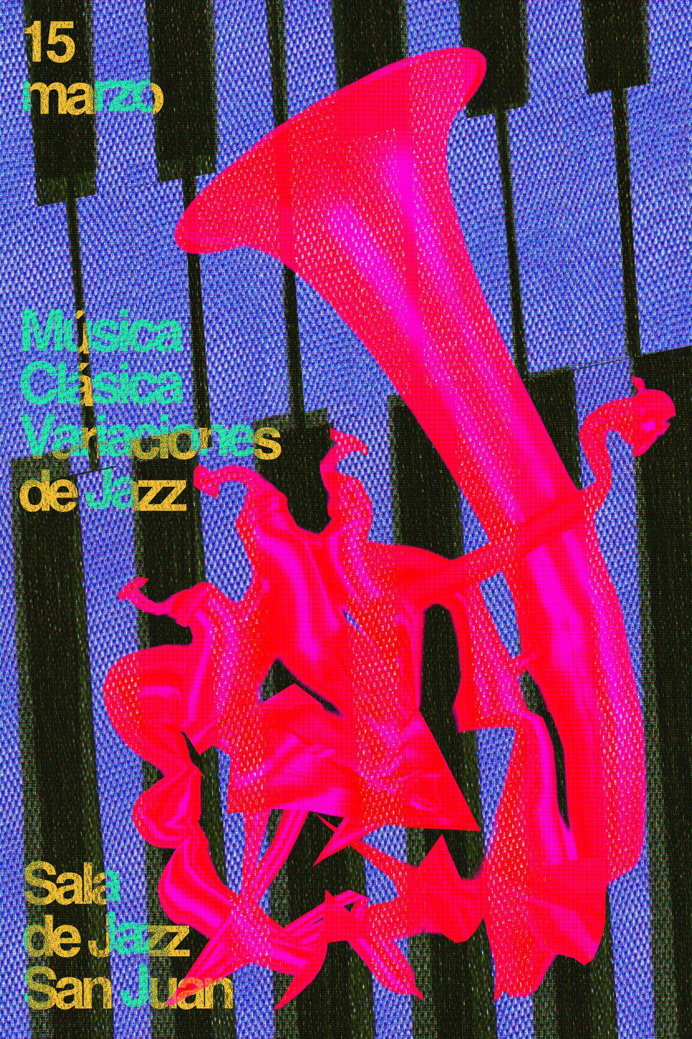 Jazz Poster — a pink abstract figure over piano keys, promoting a jazz variations concert.