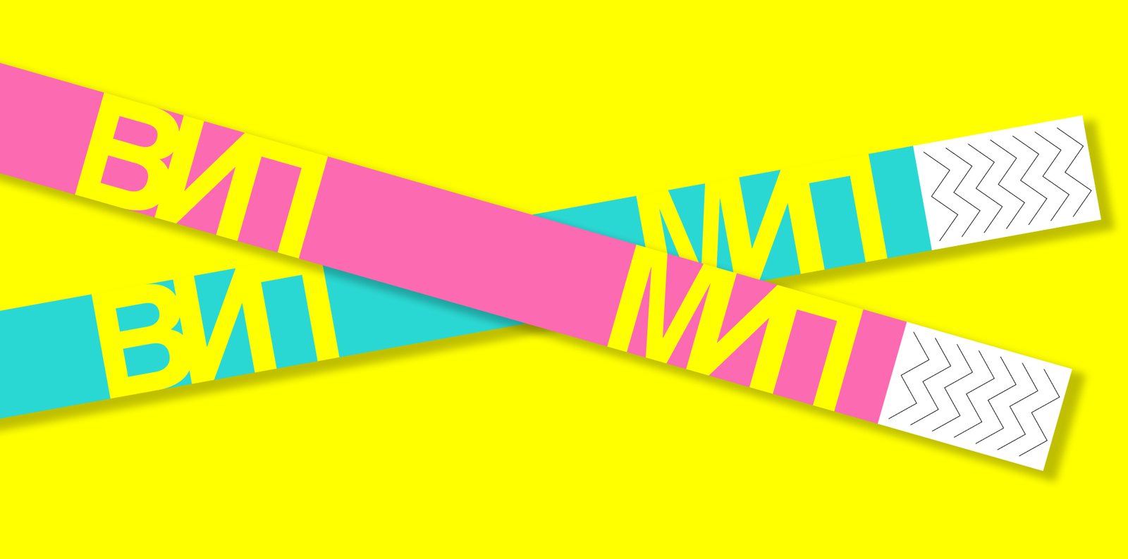 Mamy i Papy entry wristbands, VIP and general-admission bands crossed over each other.