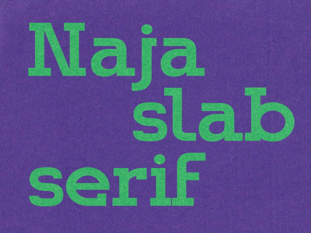 The Naja Slab Serif wordmark, set in bold green letterforms on a purple textured background.