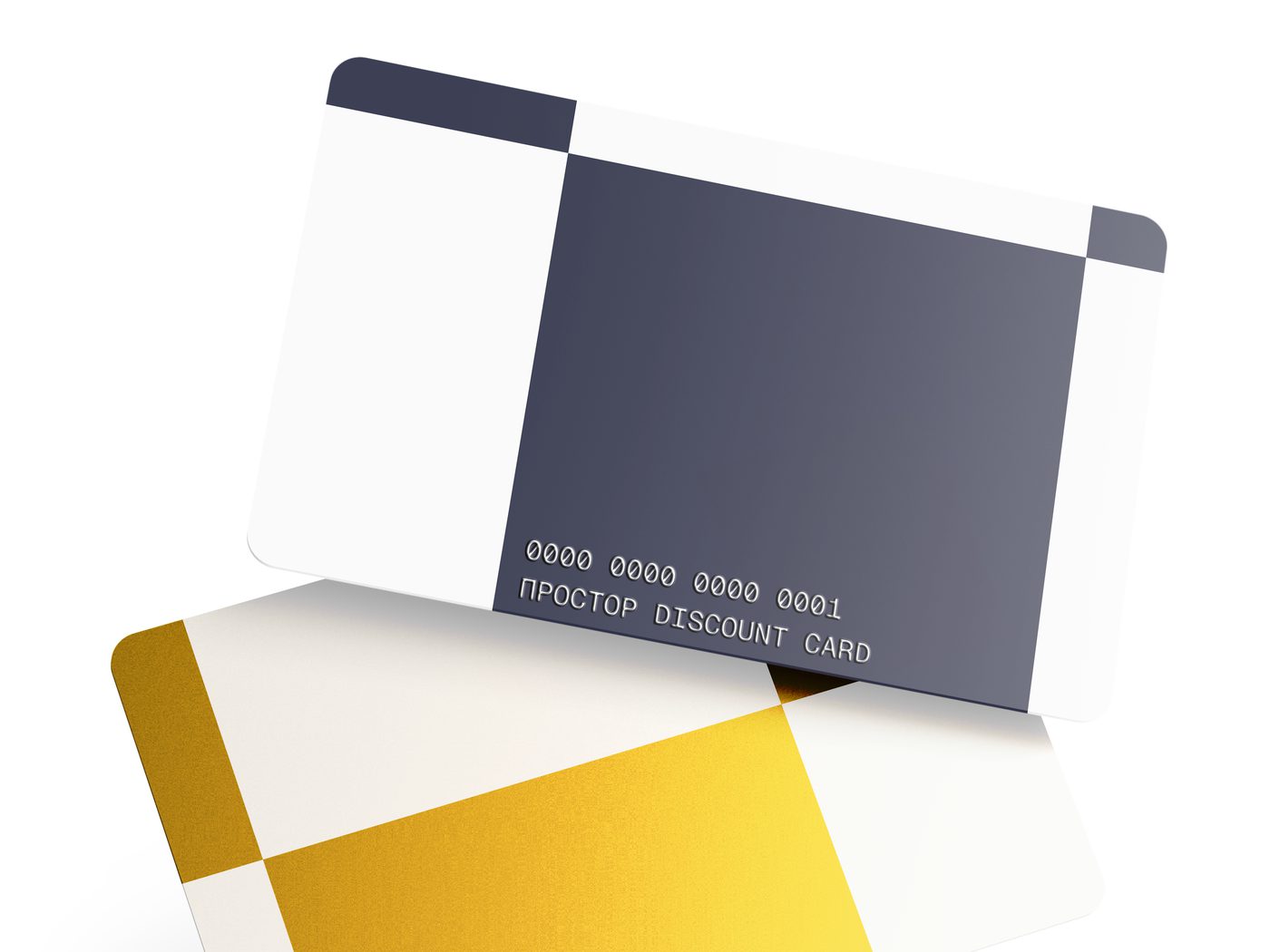 Two loyalty cards, navy discount card and gold premium card, both carrying the checkerboard corner mark.