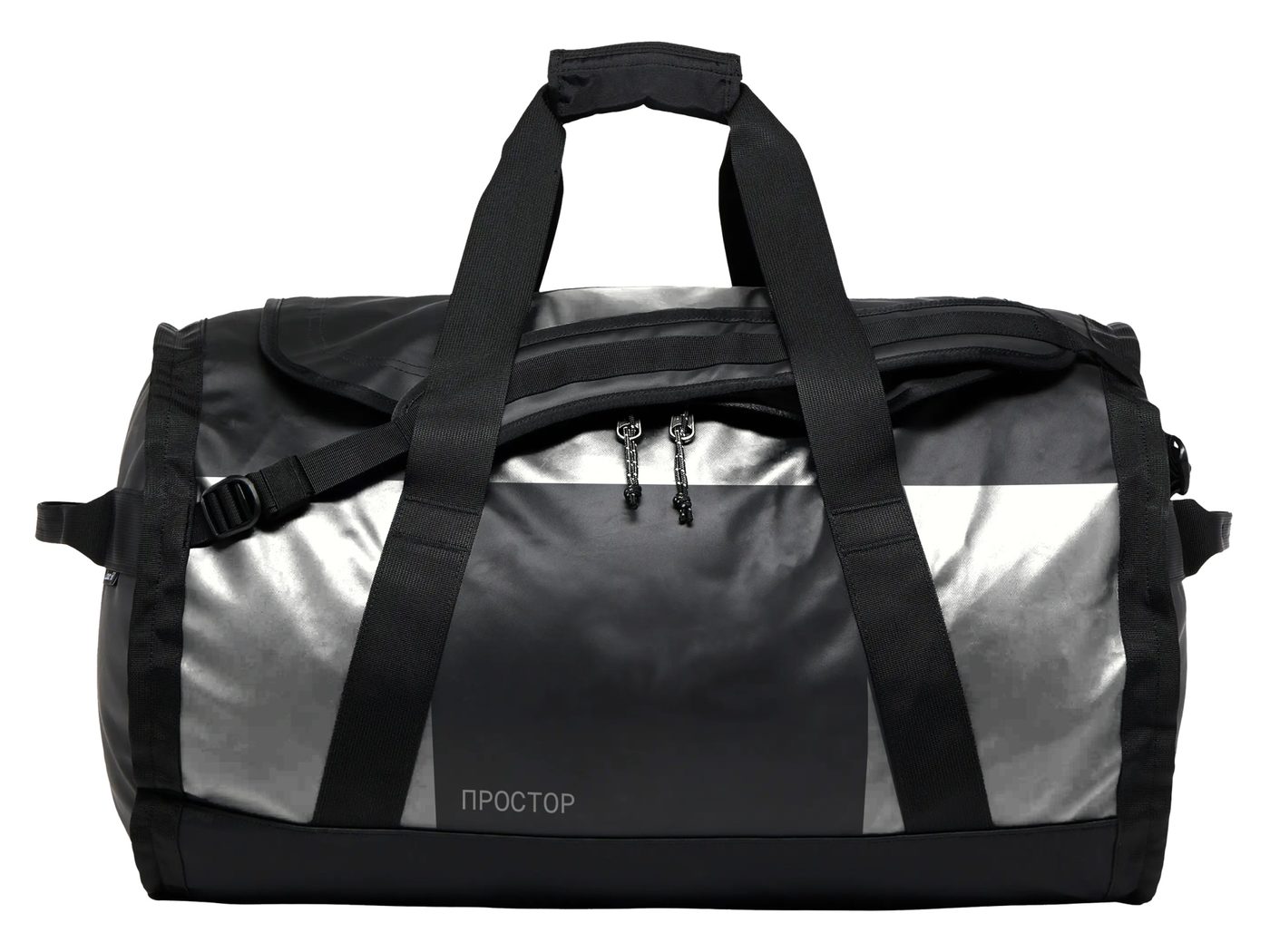 Duffel bag in black and silver, printed with the Prostor wordmark.