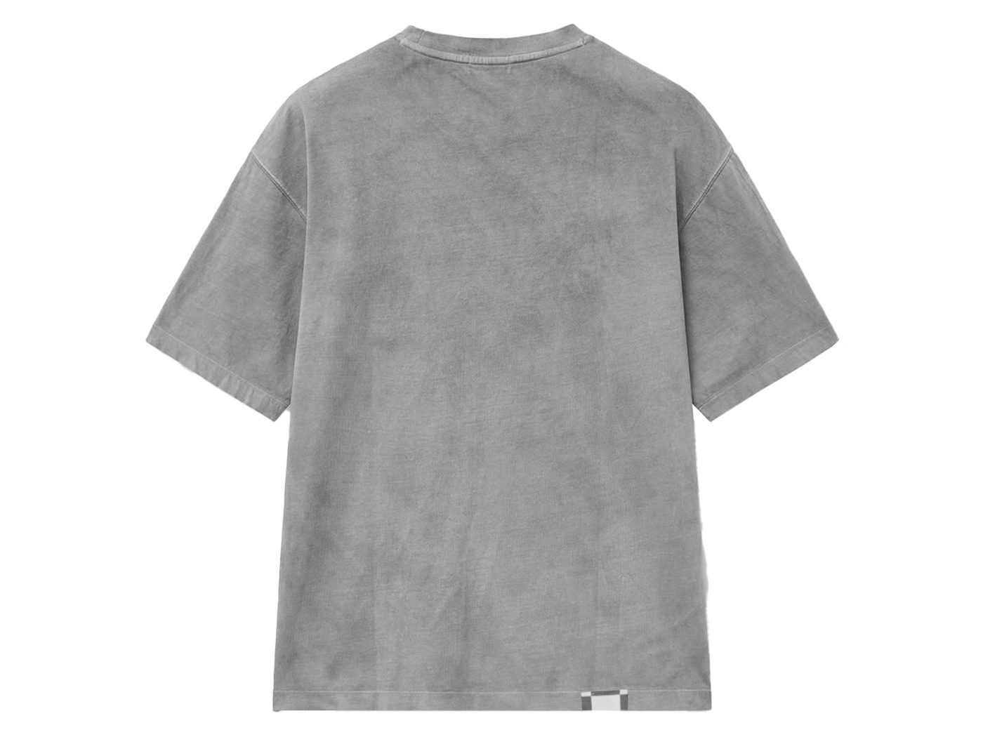 Back of a grey oversized T-shirt, flat lay.