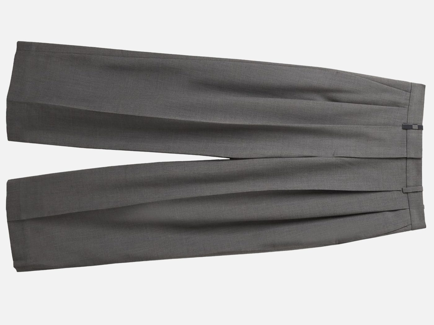 Grey wide-leg trousers, flat lay.