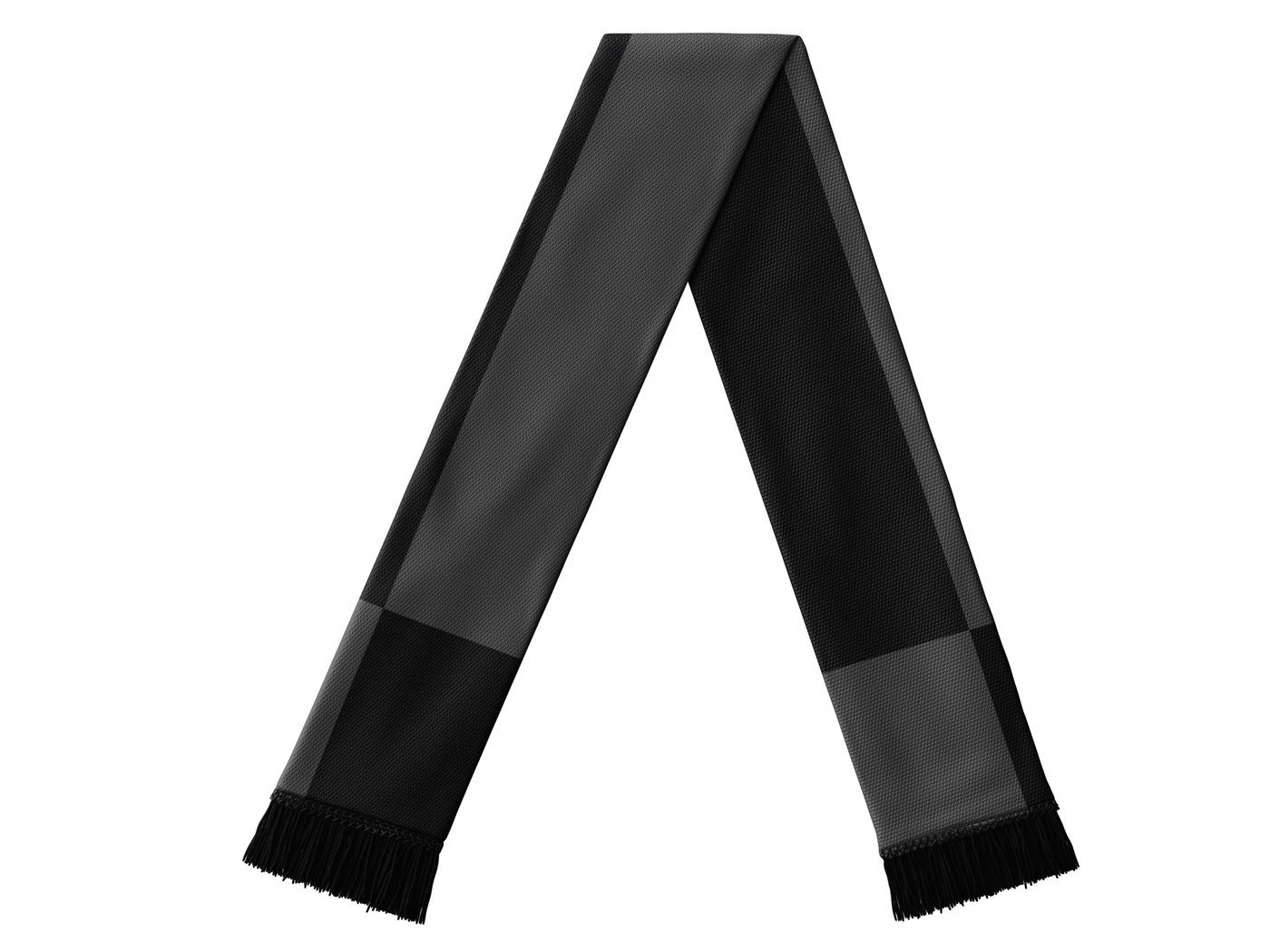 Grey and black scarf with fringed ends, folded.