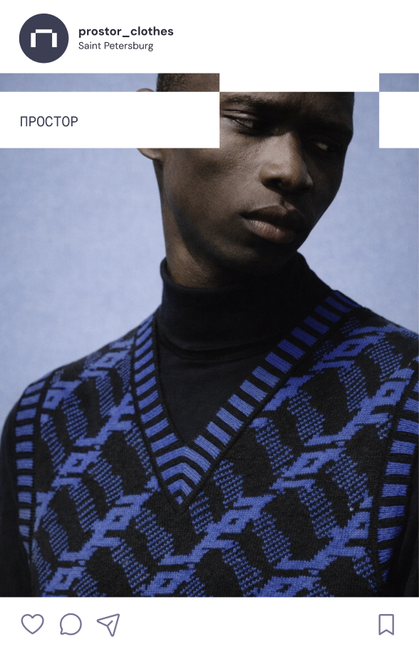 Instagram post: @prostor_clothes, portrait in a patterned knit.