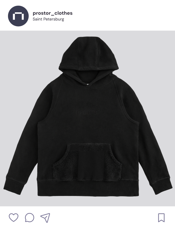 Instagram post: @prostor_clothes, black hoodie.