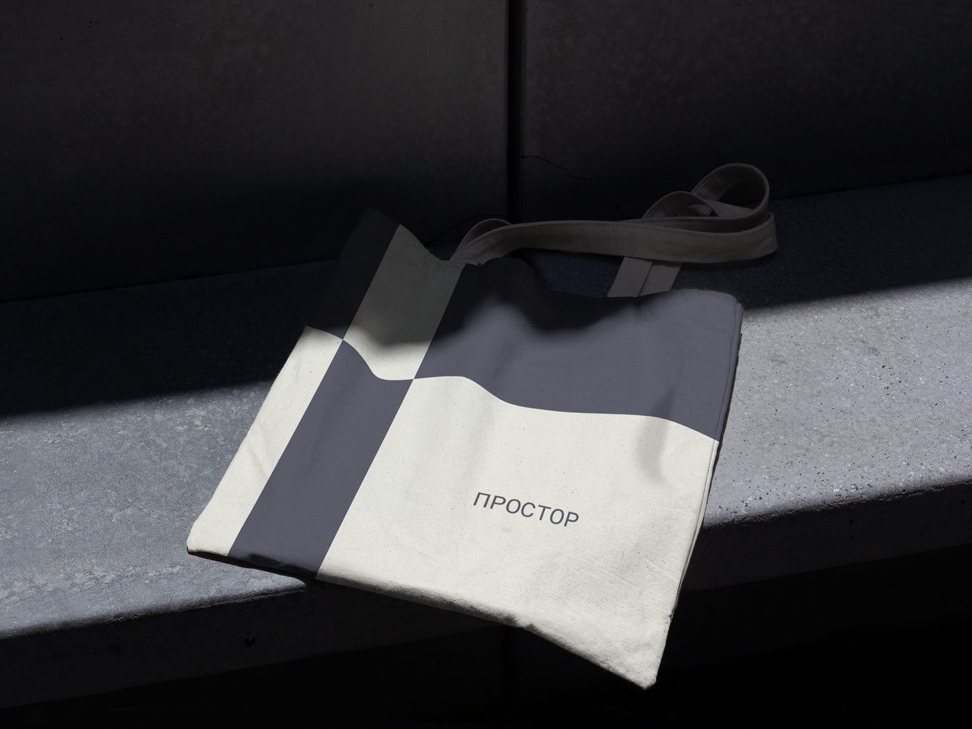 Canvas tote bag printed with a large fragment of the grid mark and the Prostor wordmark.