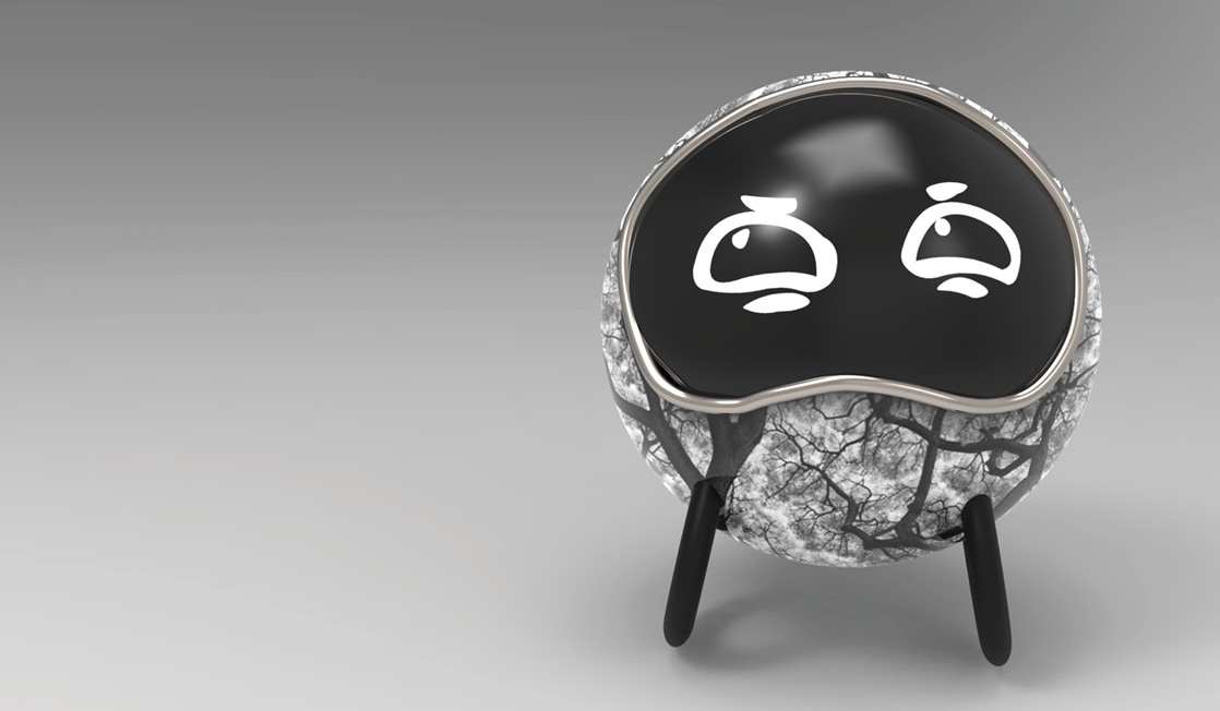 Sound Robot render—a dark sphere with a glossy black face screen showing a sleepy expression, mounted on tripod legs.