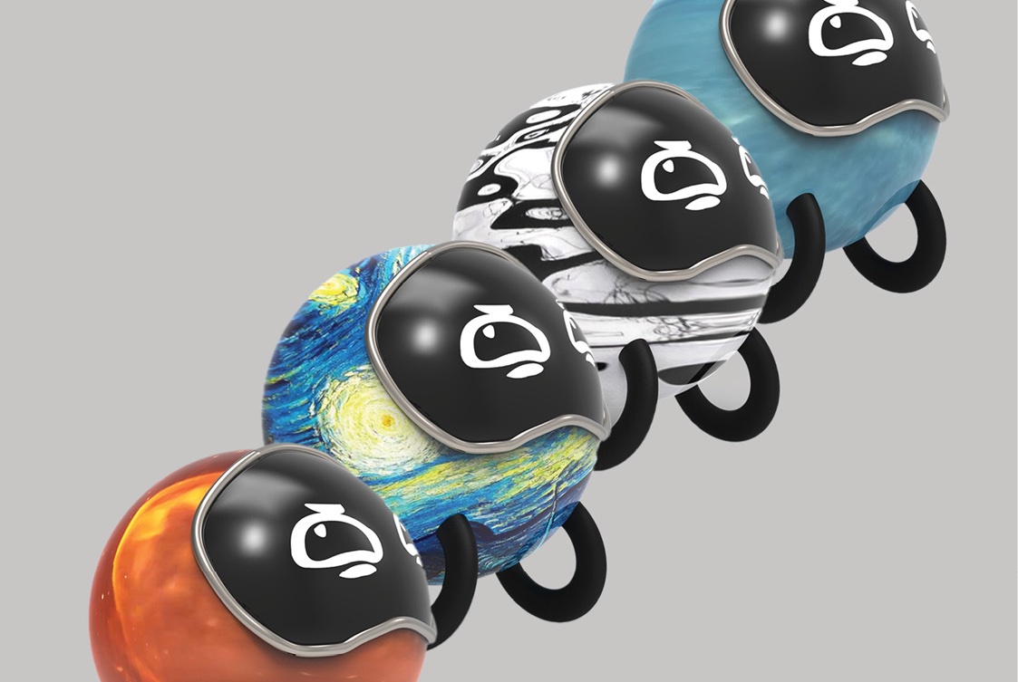 Five Sound Robot renders in a row, the body screen showing different sound-reactive animations—Mars-like orange, Van Gogh's Starry Night, marble, bare tree branches, and blue water.