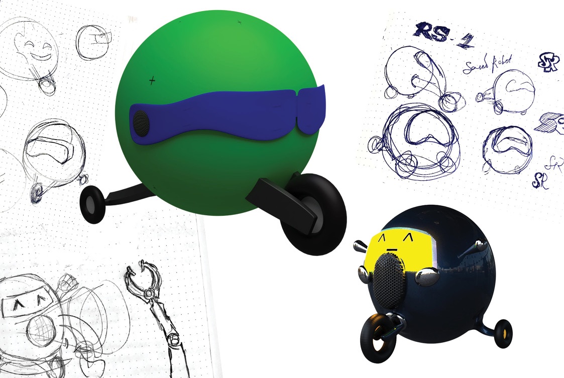 Early concept sketches and 3D studies for Sound Robot, including a green version with a built-in speaker grille.