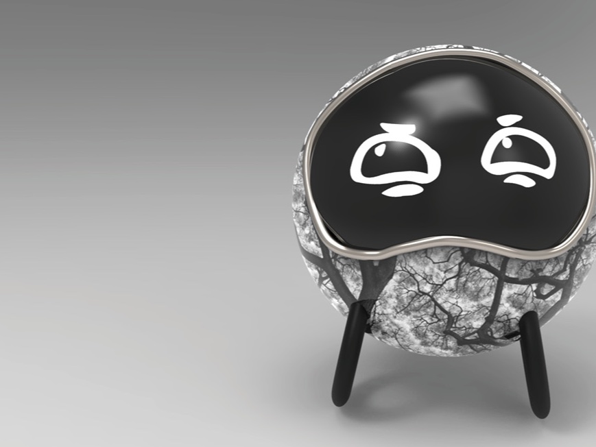 Sound Robot—a dark graphite sphere with a glossy black visor face and sleepy eyes, mounted on tripod legs.